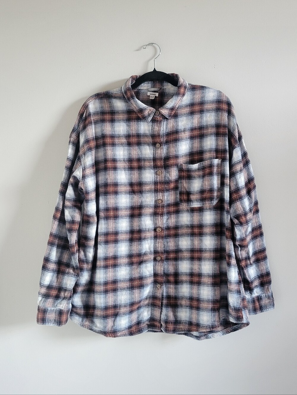 Garage Boyfriend Flannel Brown Black White Check Button Up Shirt Womens Size M/L
